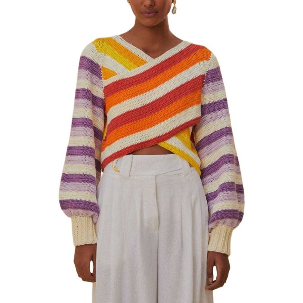 Farm Rio Womens  Sunset Stripes Crochet Sweater